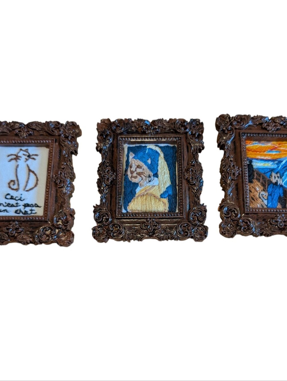 Handmade Embroidery Magnets Cats In Famous Museum Paintings, 3x3.5 Inch, New